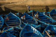 Fishing boats / Traditional blue fishing boats all moored in the harbour during the late afternoon at Essaouira,  Morocco
