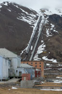 Coal workings up the side of the hills / Pyramiden, an abandoned Russian mining settlement