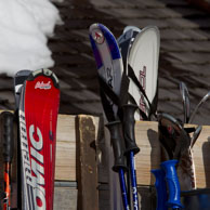 Skis in rack (2) / Tips of the skis in a ski rack outside a mountain restuarant