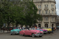 Colourful classic Amrican cars / Multiple coloured classic American cars lined up in Parque Central, Havana