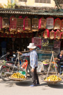 Street reader in Hanoi / Street seller in front of a bird shop in Hanoi, Vietnam